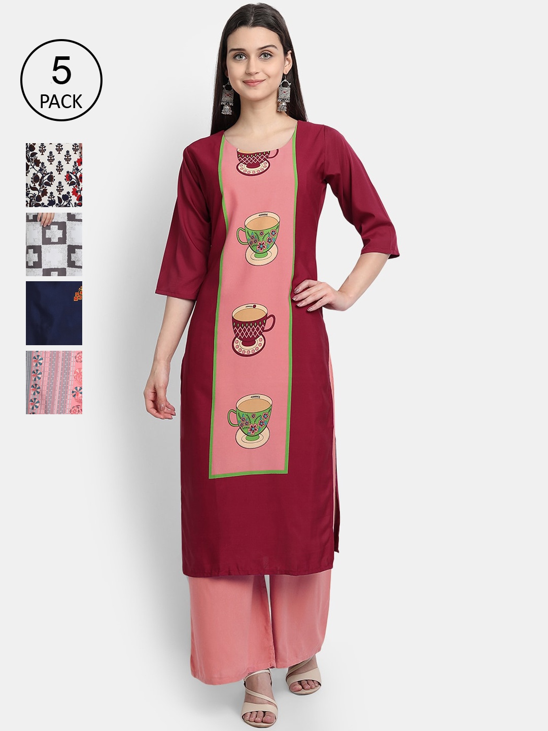 

7Threads Women Pack Of 5 Printed Crepe Kurtas, Red