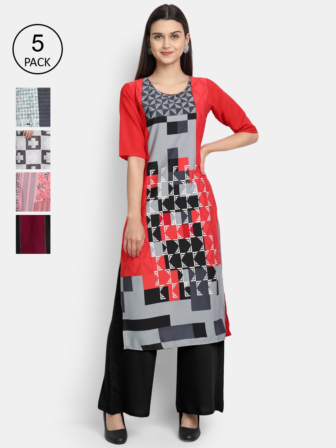 

7Threads Women Pack Of 5 Printed Crepe Kurtas, Red