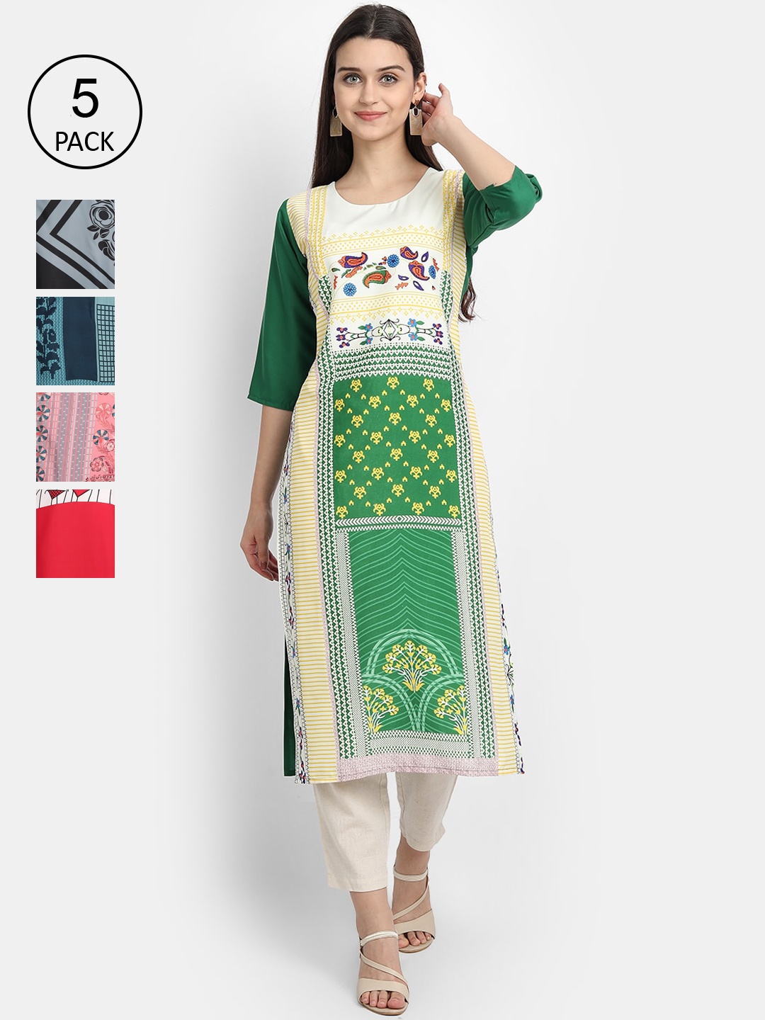 

7Threads Women Pack Of 5 Printed Crepe Kurtas, Green
