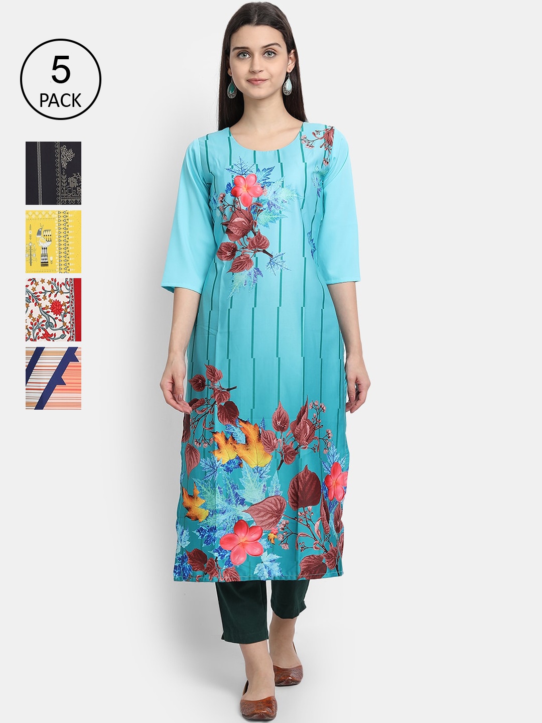 

7Threads Women Pack Of 5 Printed Crepe Kurtas, Blue