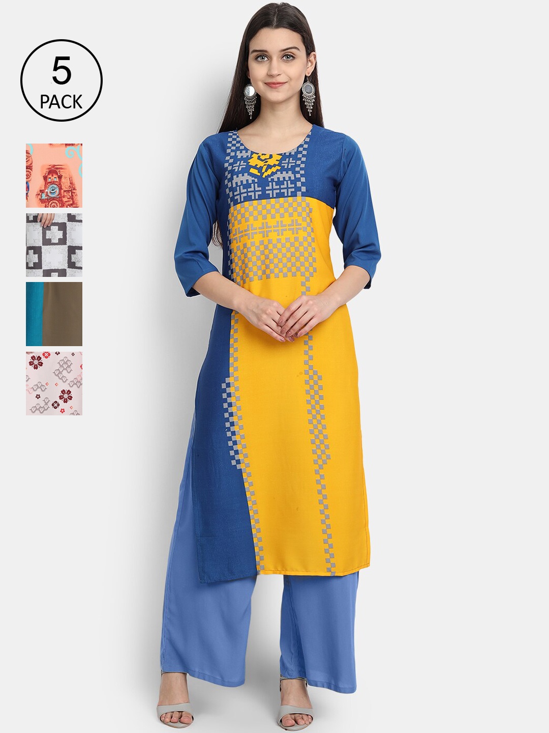 

7Threads Women Pack Of 5 Printed Crepe Kurtas, Yellow