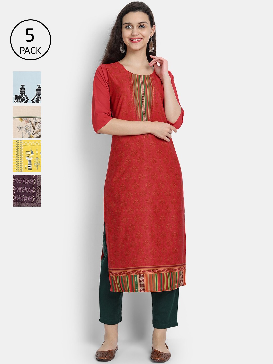 

7Threads Women Pack Of 5 Printed Crepe Kurtas, Red