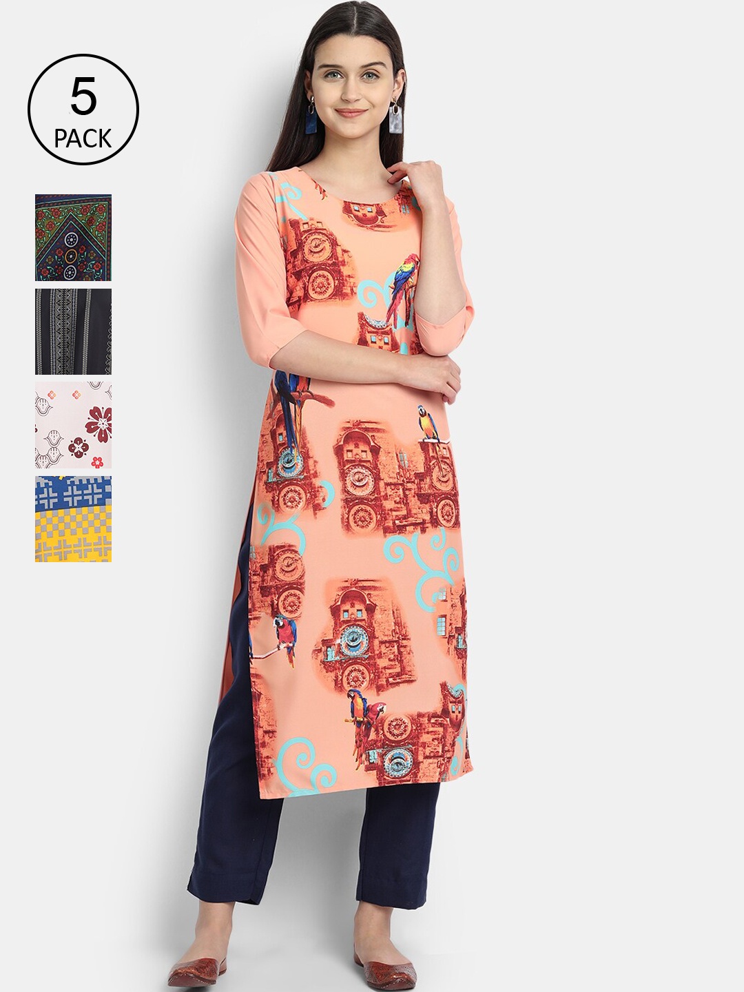 

7Threads Women Pack Of 5 Printed Crepe Kurtas, Peach