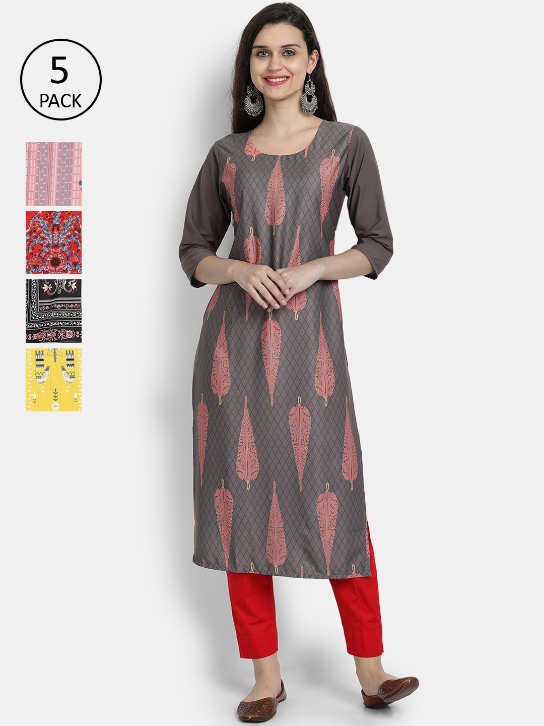 

7Threads Women Pack Of 5 Printed Crepe Kurtas, Grey