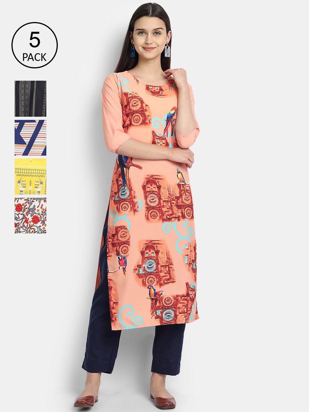 

7Threads Women Pack Of 5 Printed Crepe Kurtas, Peach