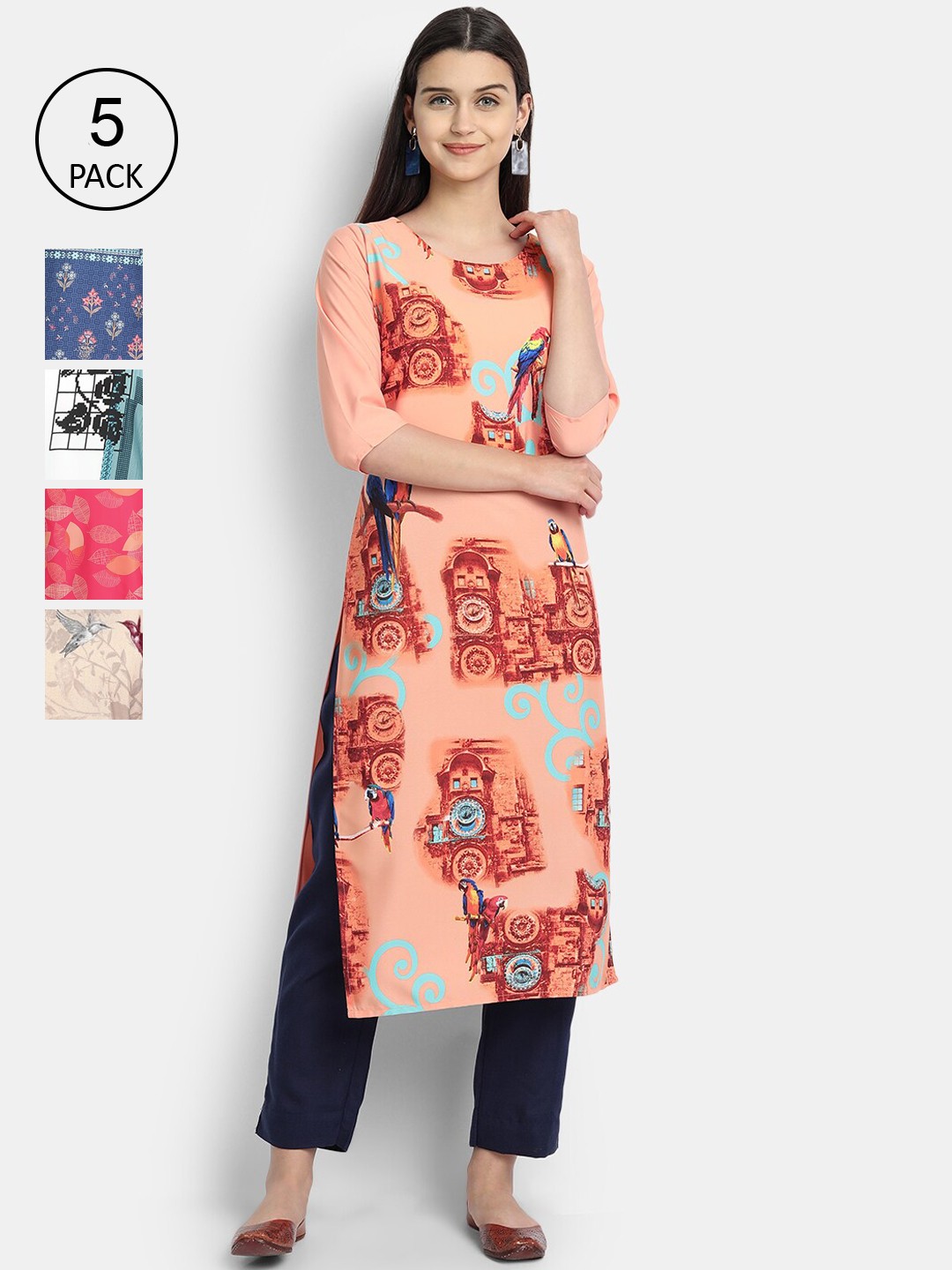 

7Threads Set Of 5 Women Multicoloured Ethnic Motifs Printed Crepe Kurta, Multi