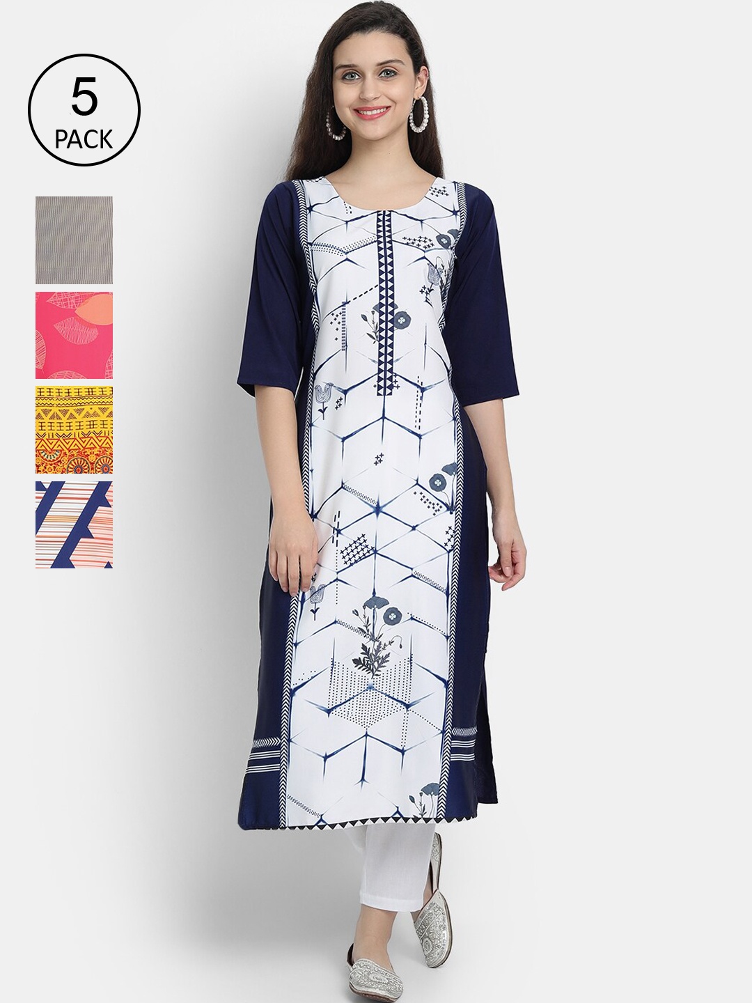 

7Threads Women Pack Of 5 Printed Crepe Kurtas, White