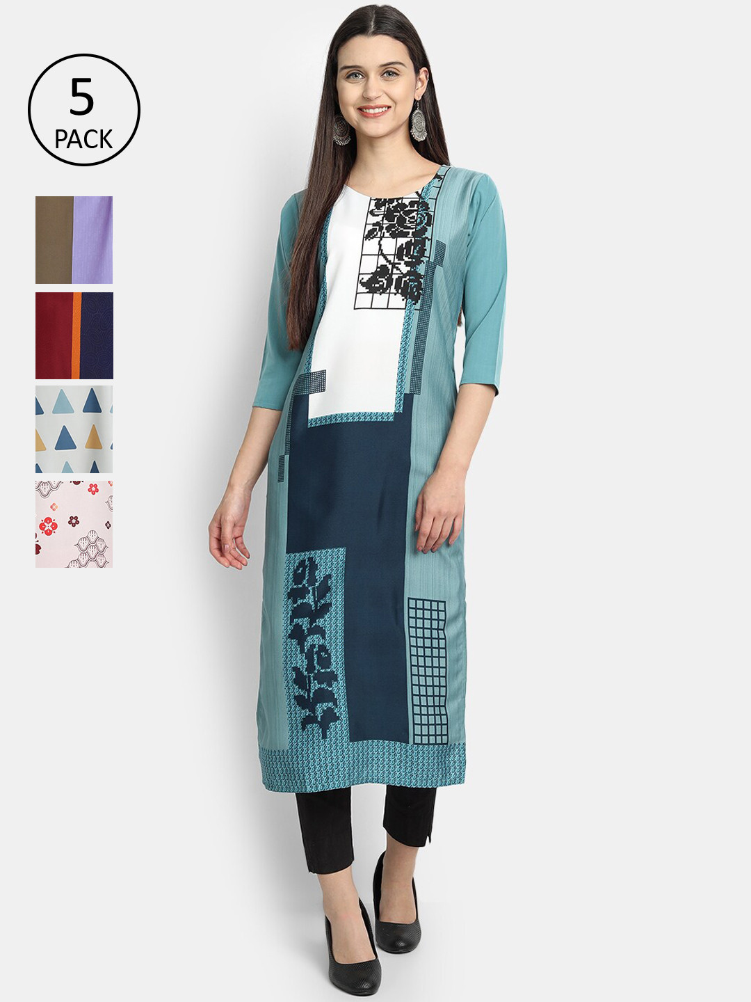 

7Threads Women Pack Of 5 Printed Crepe Kurtas, Blue
