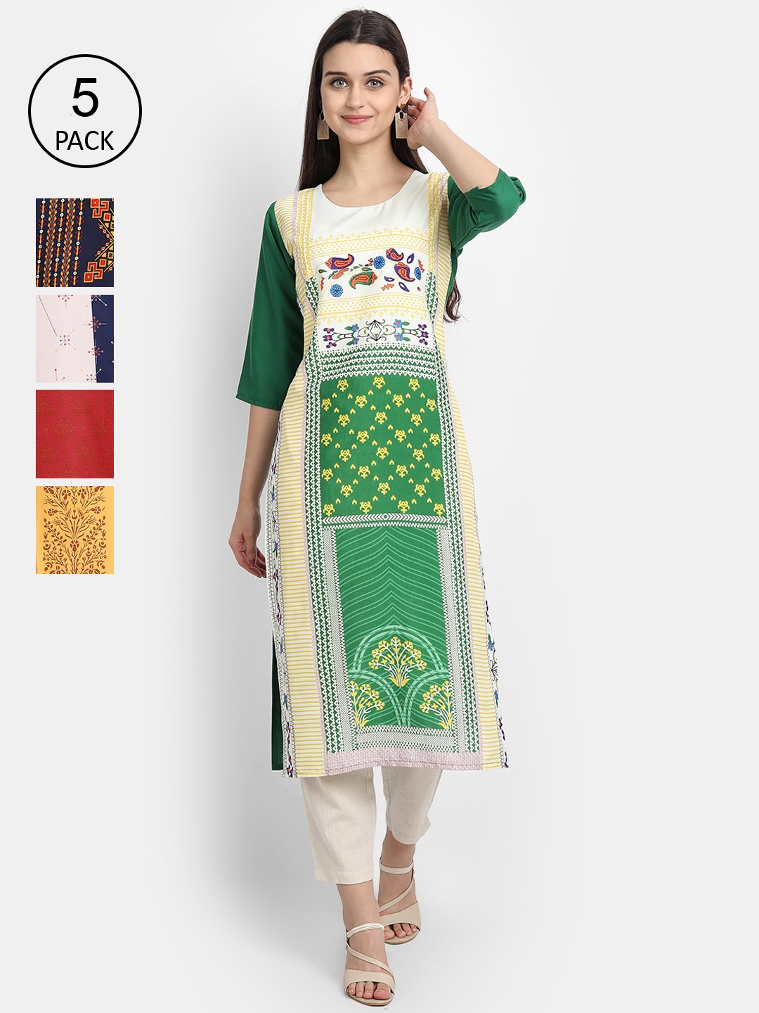 

7Threads Women Pack Of 5 Printed Crepe Kurtas, Grey