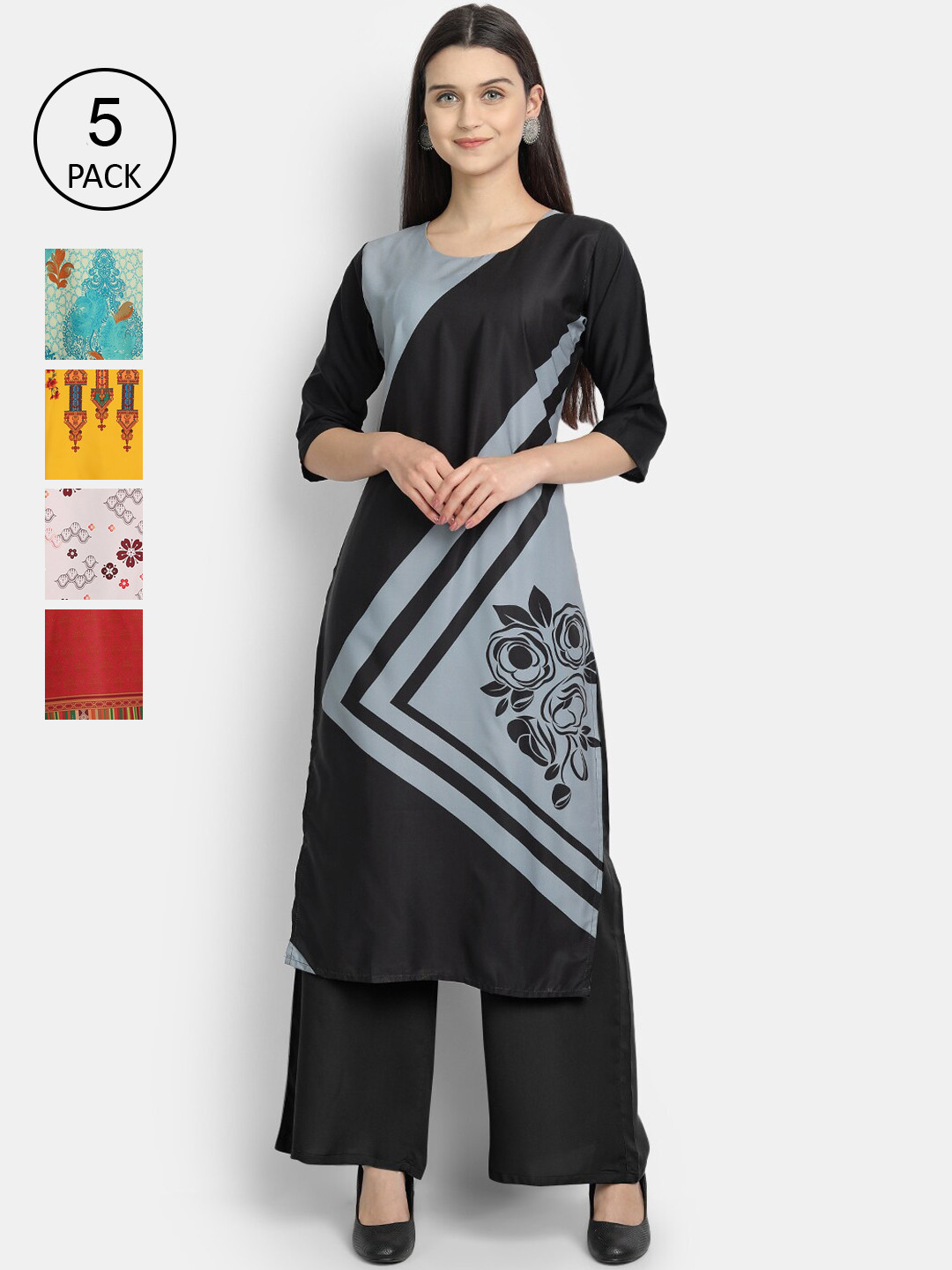 

7Threads Women Pack Of 5 Printed Crepe Kurtas, Black