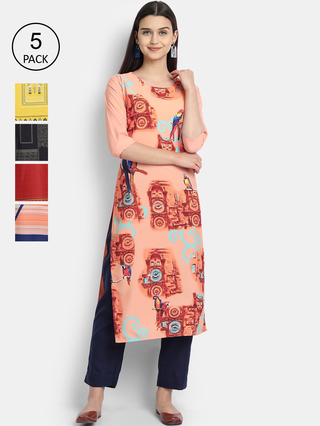 

7Threads Women Pack Of 5 Printed Crepe Kurtas, Peach