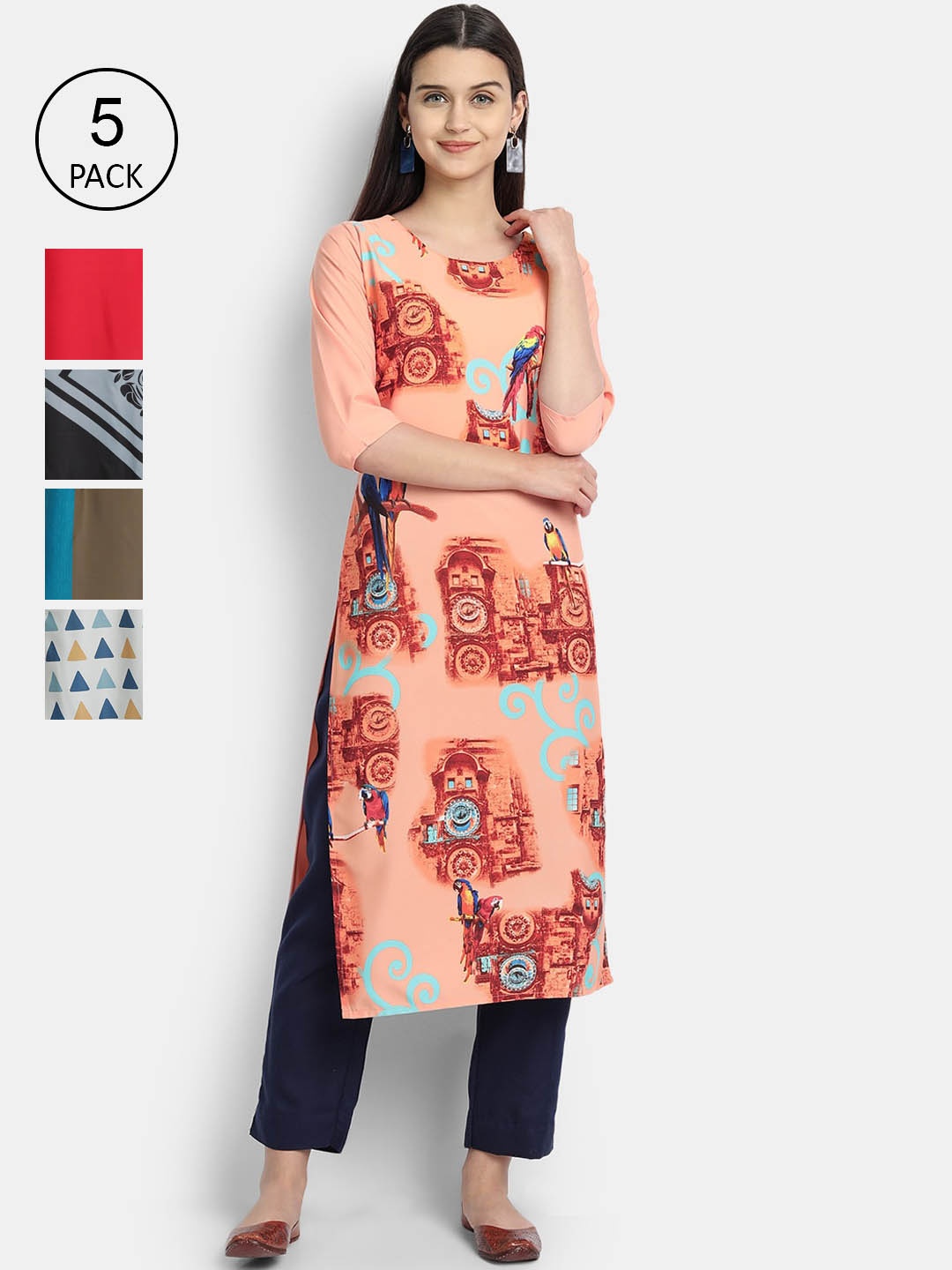 

7Threads Women Pack Of 5 Printed Crepe Kurtas, Peach