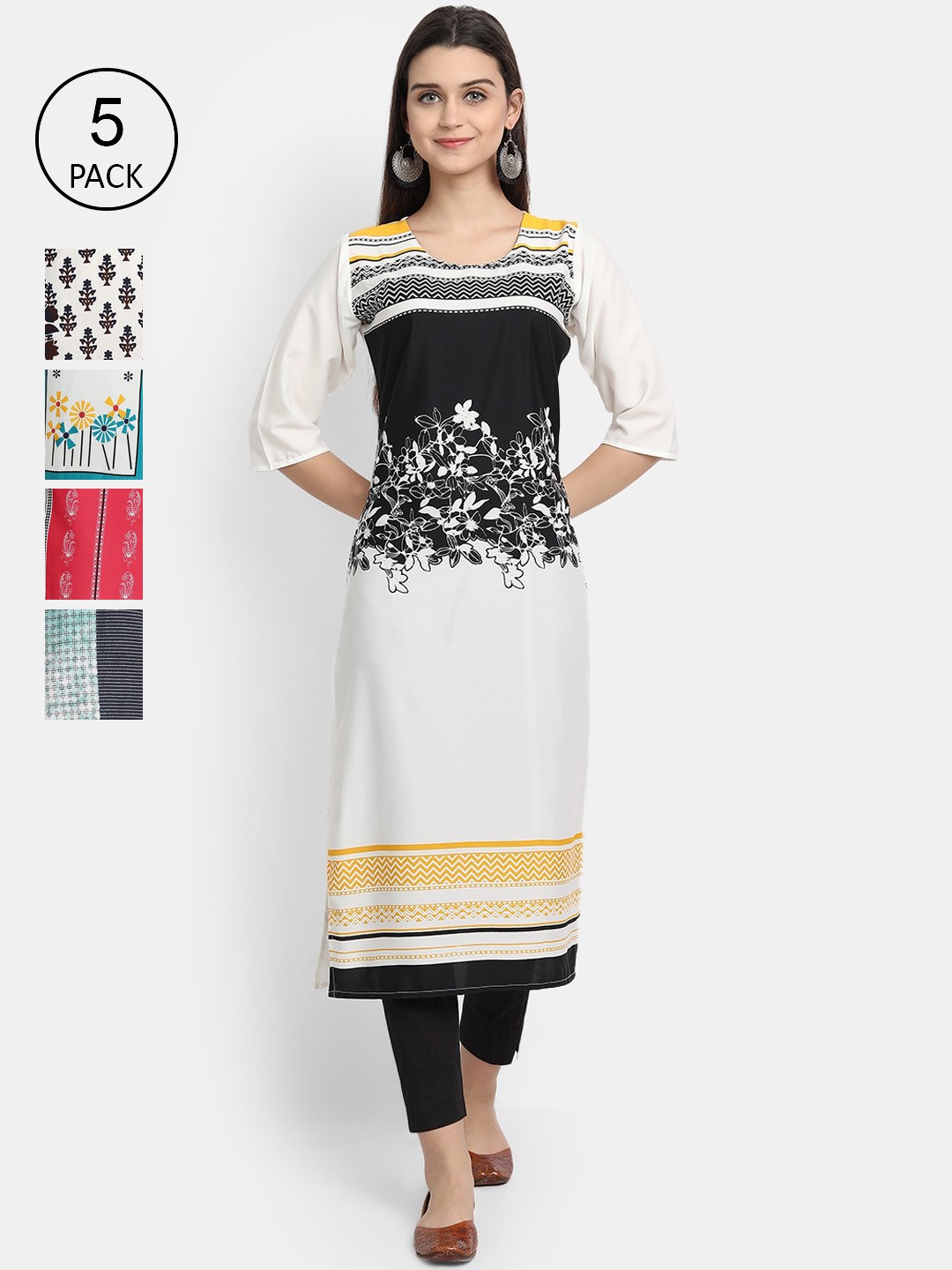 

7Threads Women Pack Of 5 Printed Crepe Kurtas, White