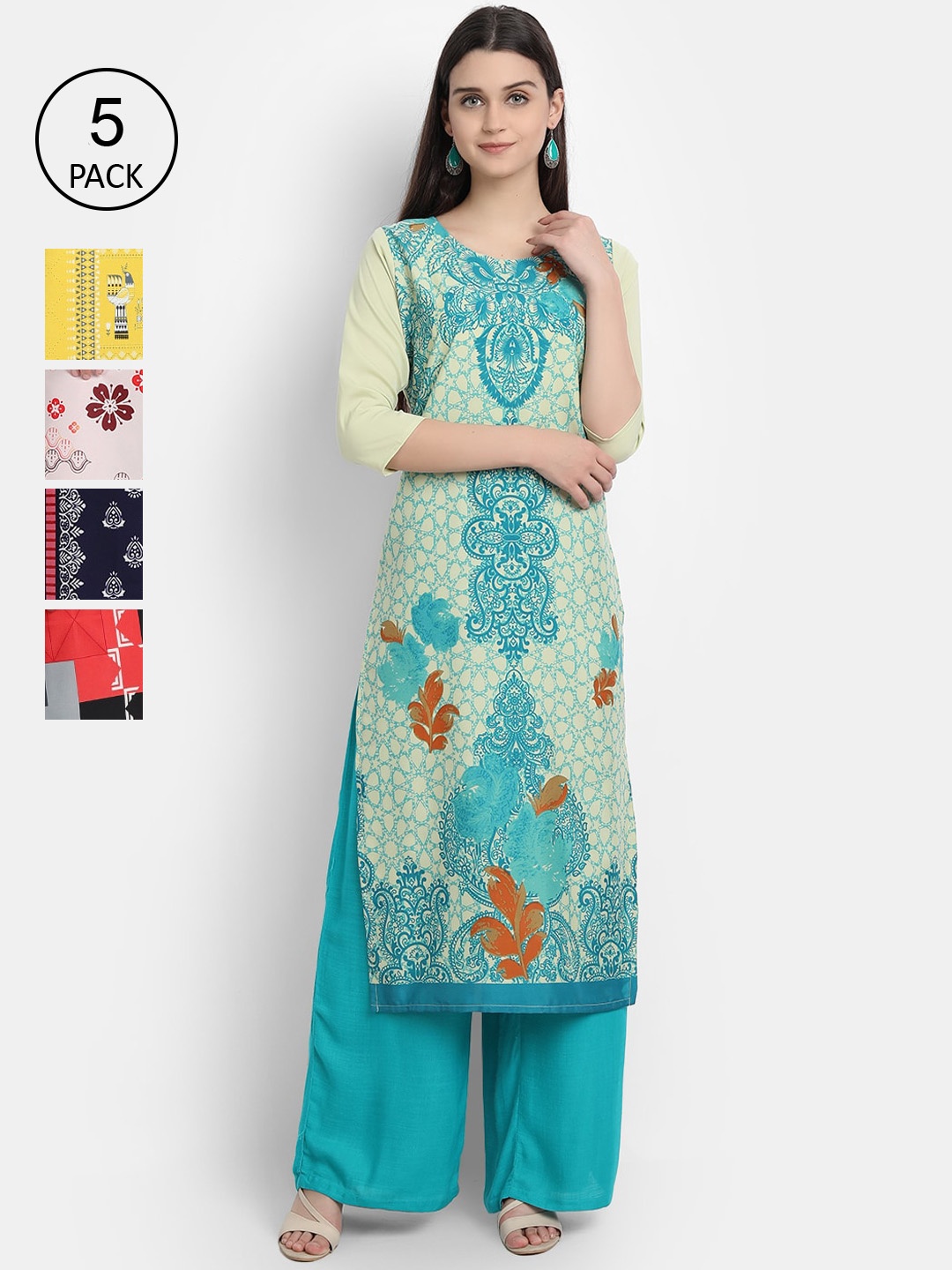 

7Threads Women Pack Of 5 Printed Crepe Kurtas, Green