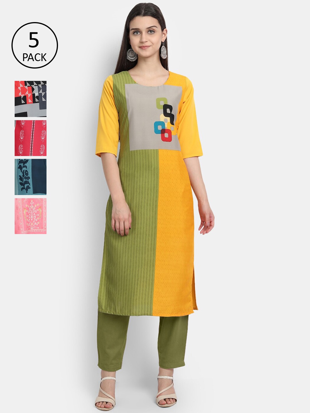 

7Threads Set Of 5 Women Multicoloured Floral Printed Crepe Kurta, Multi