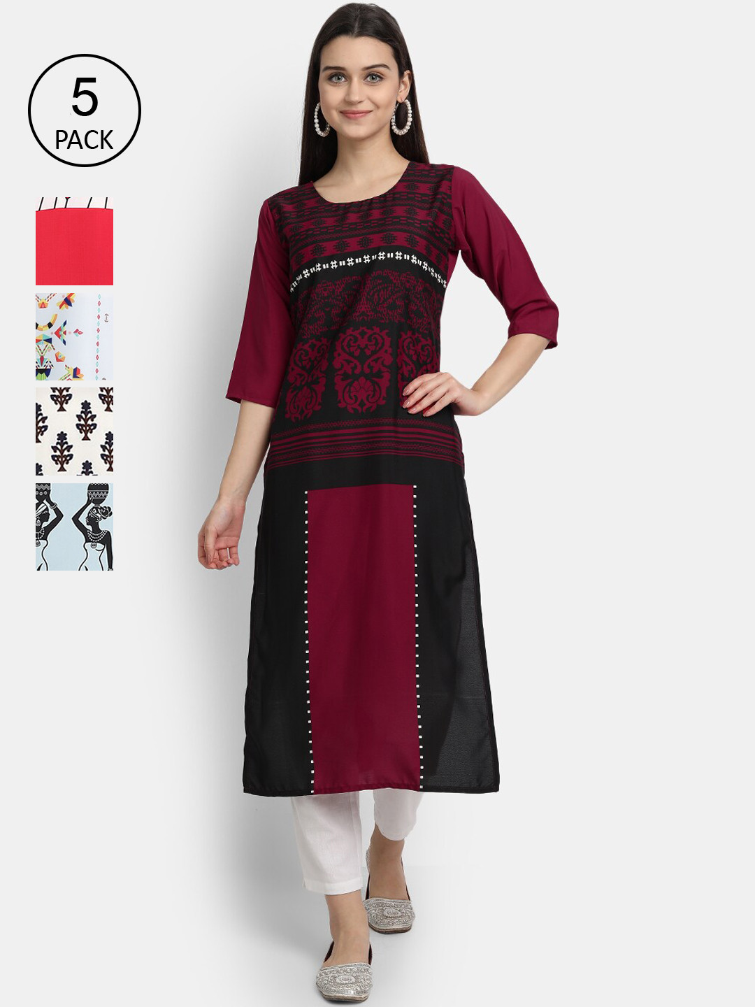

7Threads Women Pack Of 5 Printed Crepe Kurtas, Maroon
