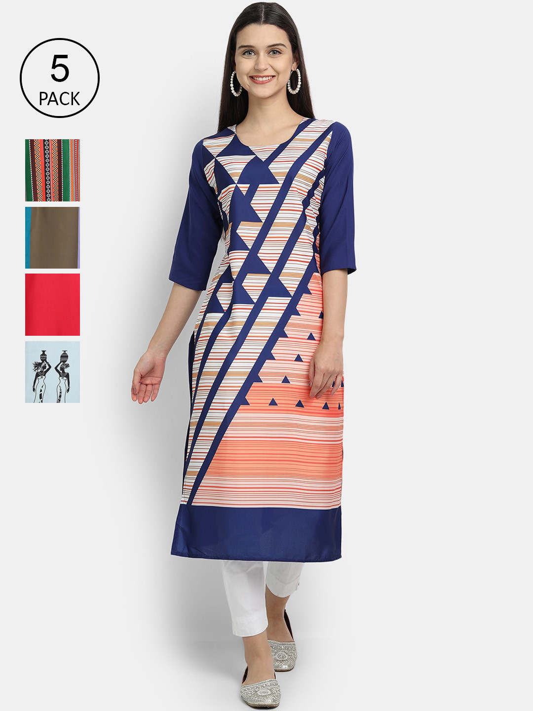 

7Threads Women Pack Of 5 Printed Crepe Kurtas, Navy blue