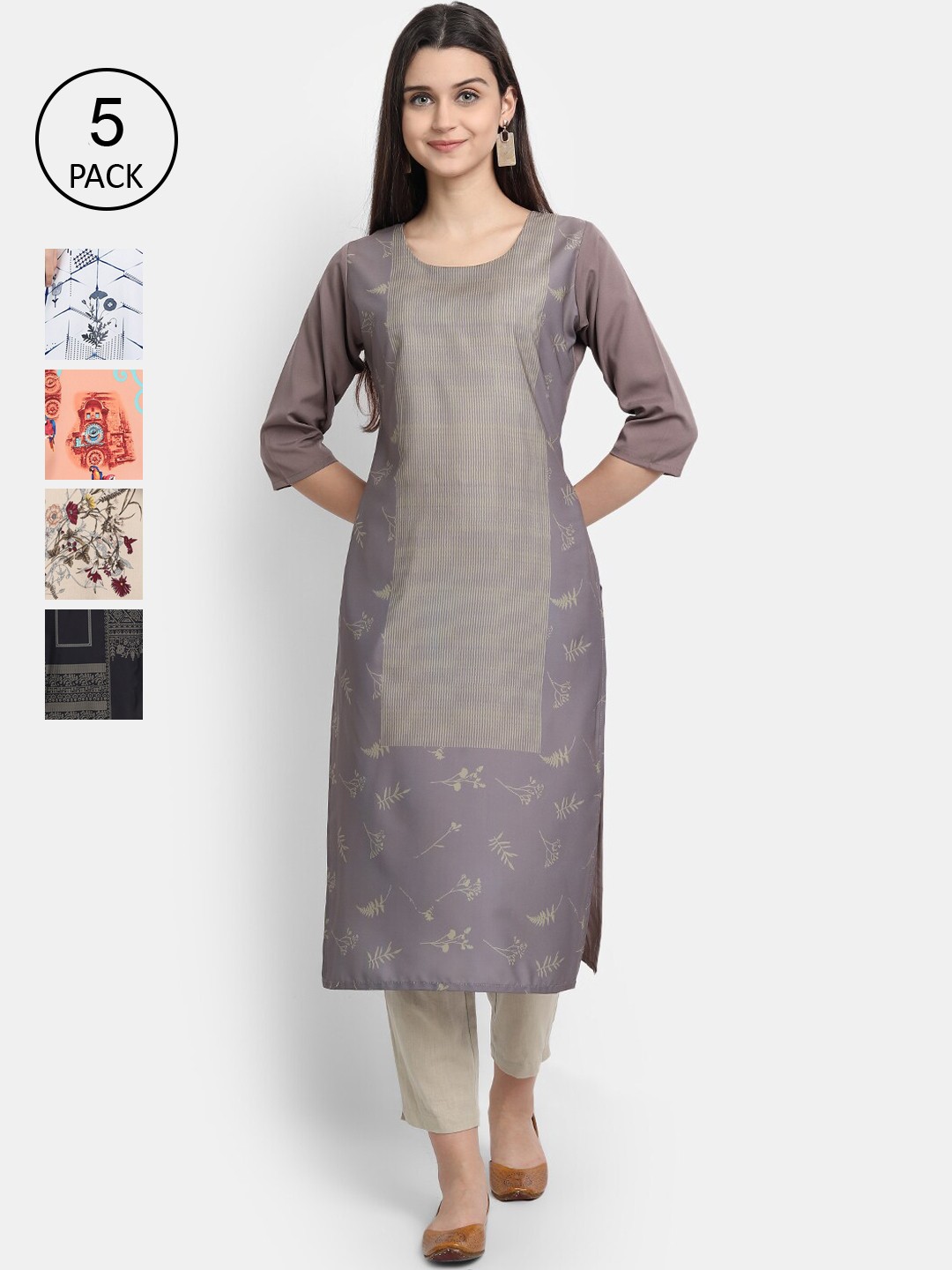 

7Threads Women Pack Of 5 Printed Crepe Kurtas, Grey