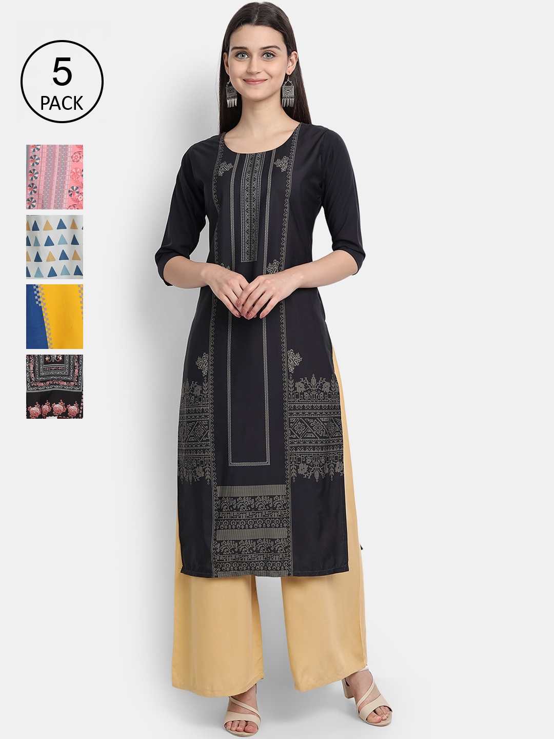 

7Threads Women Pack Of 5 Printed Crepe Kurtas, Black