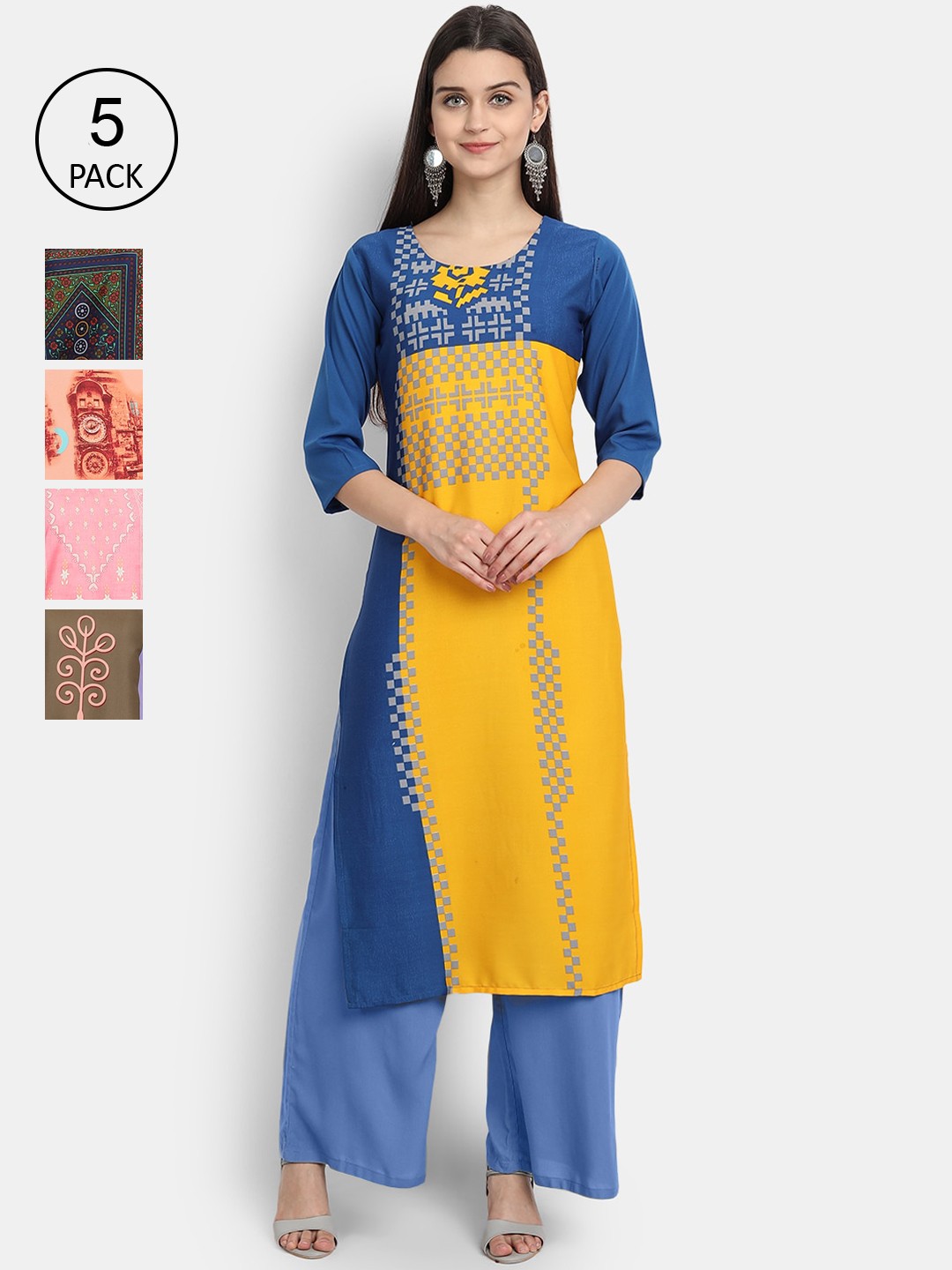 

7Threads Women Pack Of 5 Printed Crepe Kurtas, Yellow