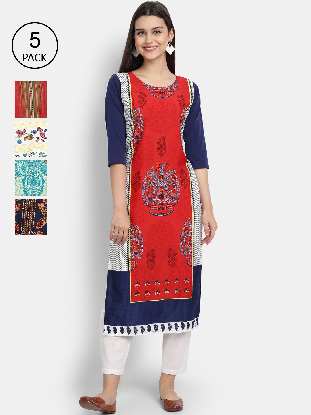 

7Threads Women Pack Of 5 Printed Crepe Kurtas, Red