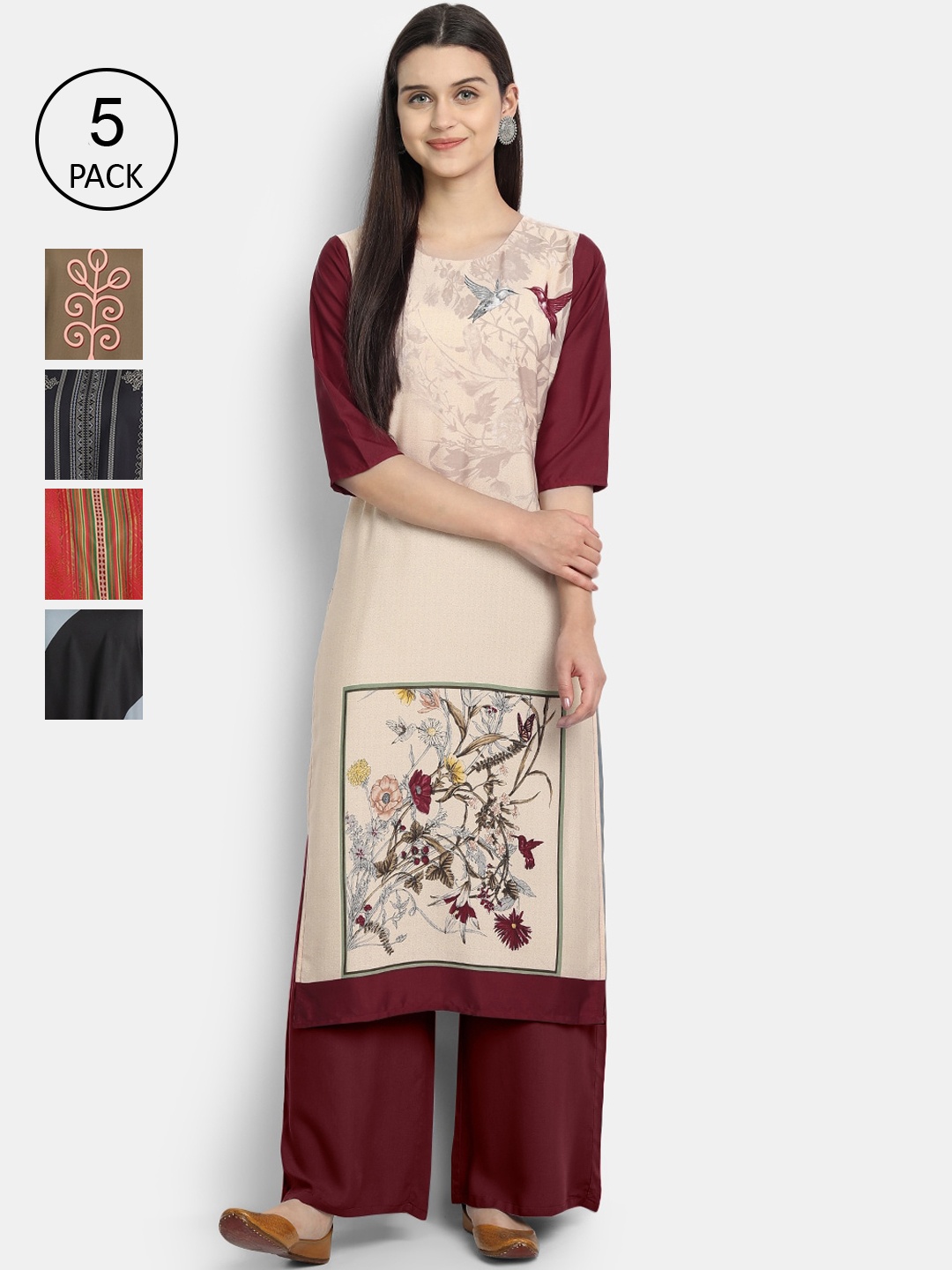 

7Threads Women Pack Of 5 Printed Crepe Kurtas, Cream