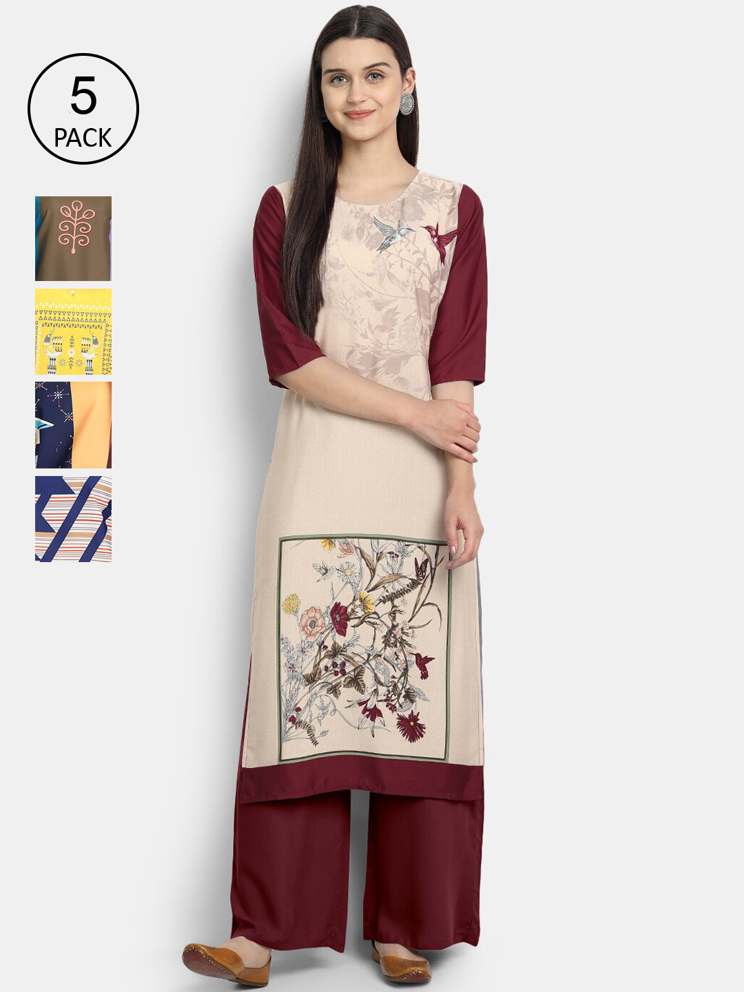 

7Threads Women Pack Of 5 Printed Crepe Kurtas, Cream