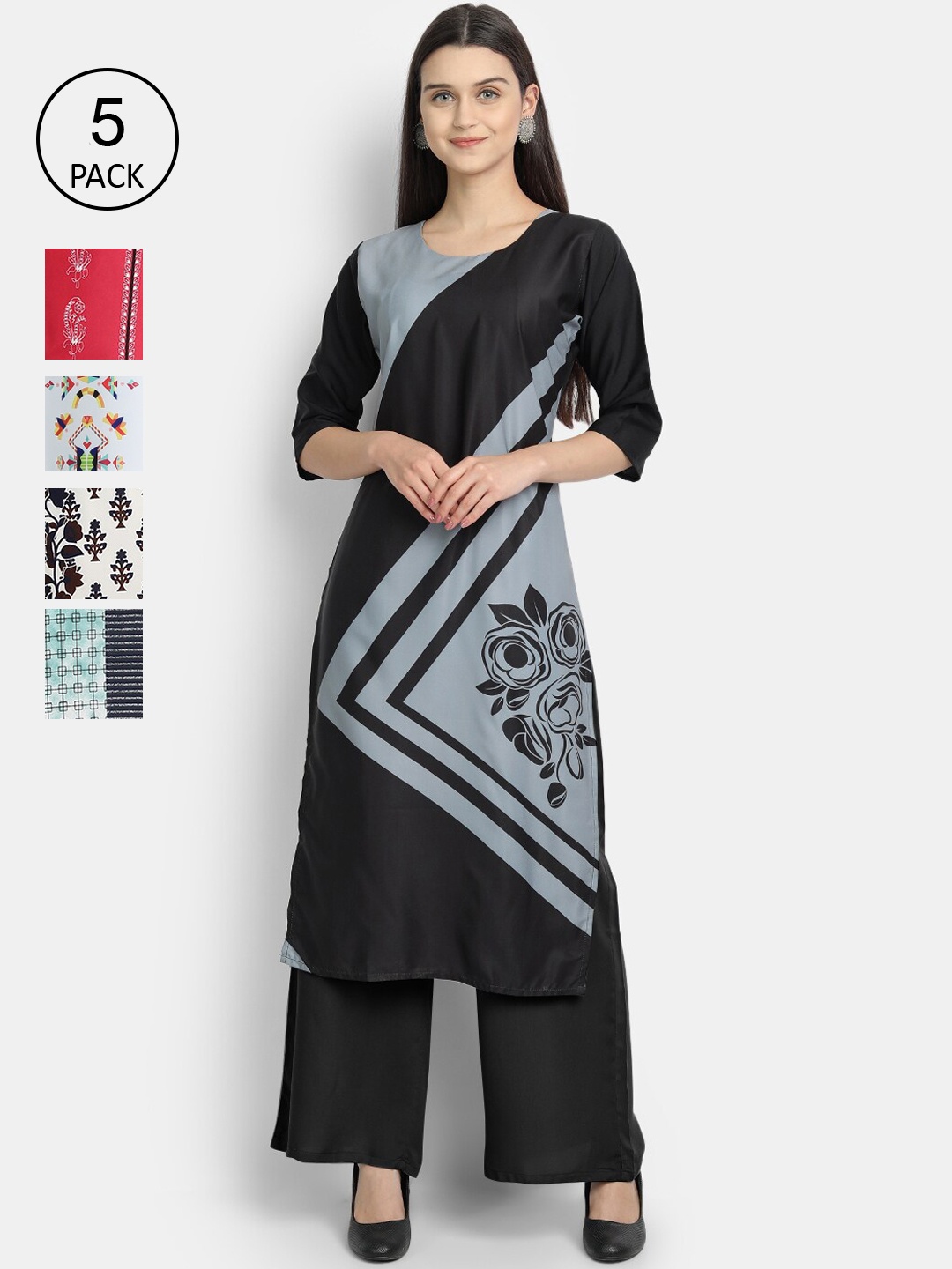 

7Threads Women Pack Of 5 Printed Crepe Kurtas, Black