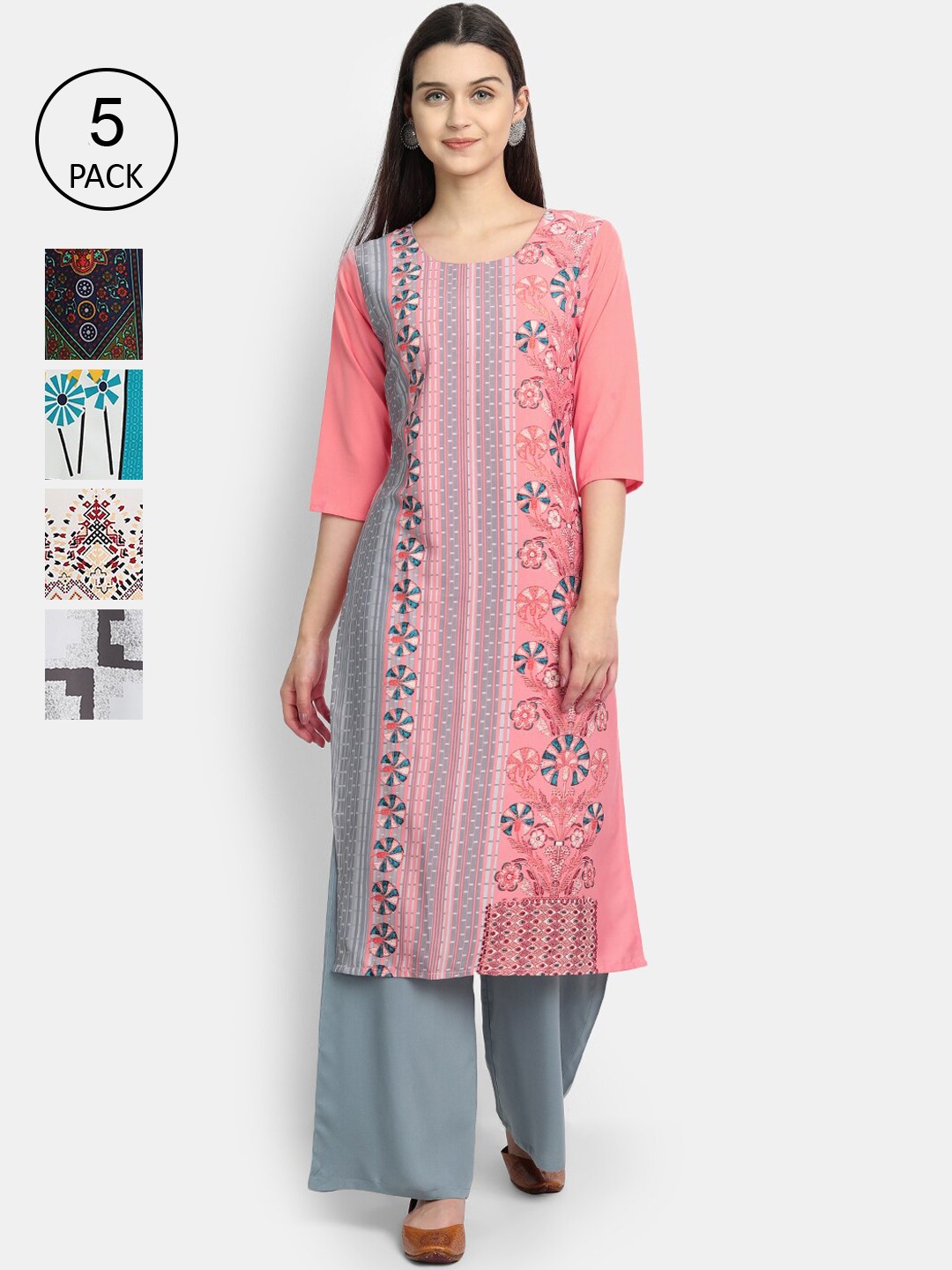 

7Threads Women Pack Of 5 Printed Crepe Kurtas, Pink