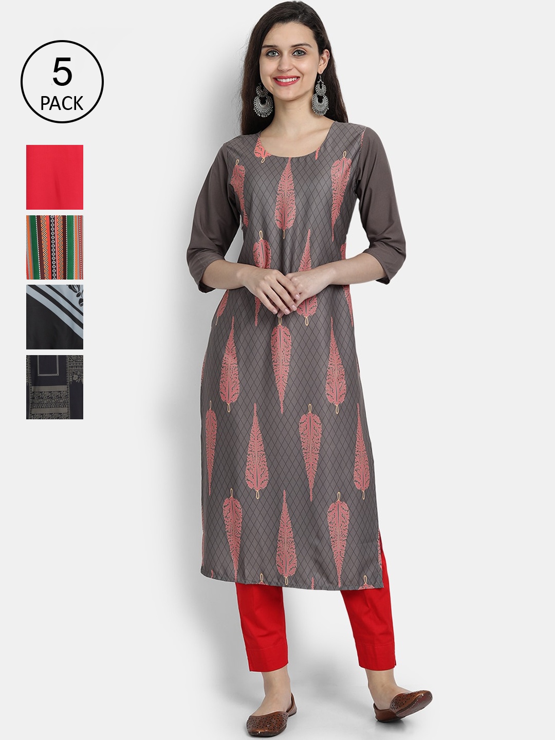 

7Threads Women Pack Of 5 Printed Crepe Kurtas, Grey
