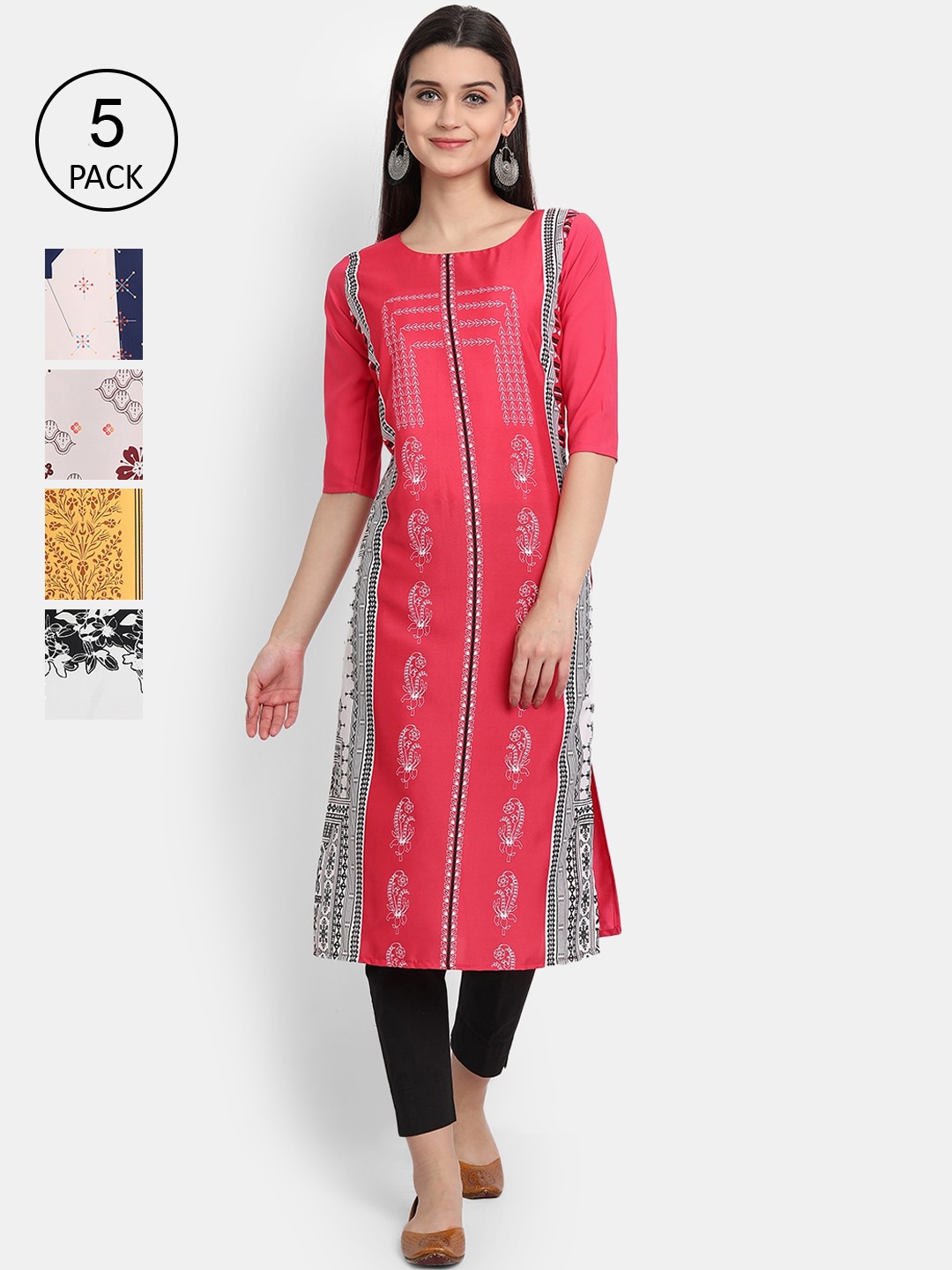 

7Threads Women Pack Of 5 Printed Crepe Kurtas, Pink