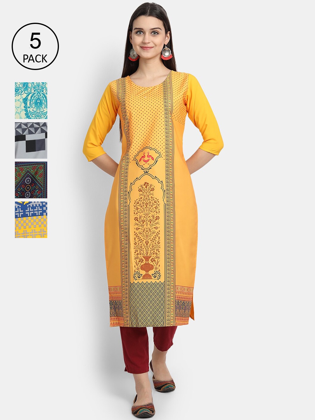 

7Threads Women Pack Of 5 Printed Crepe Kurtas, Yellow