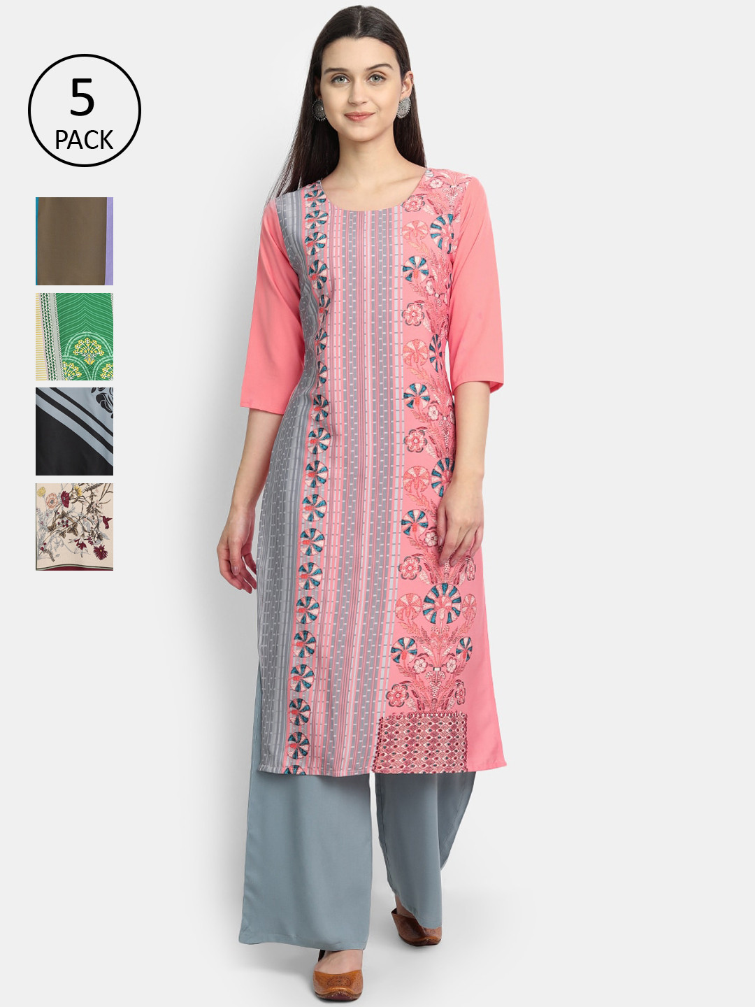

7Threads Women Pack Of 5 Printed Crepe Kurtas, Pink