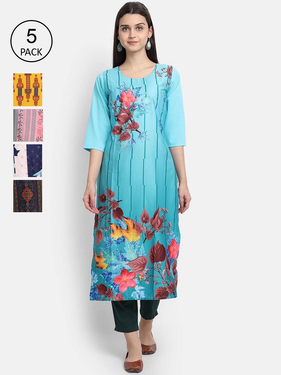 

7Threads Women Pack Of 5 Printed Crepe Kurtas, Blue