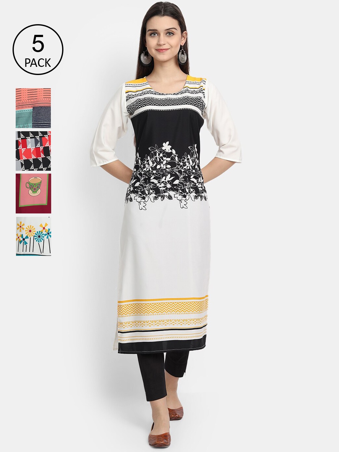 

7Threads Women Pack Of 5 Printed Crepe Kurtas, White