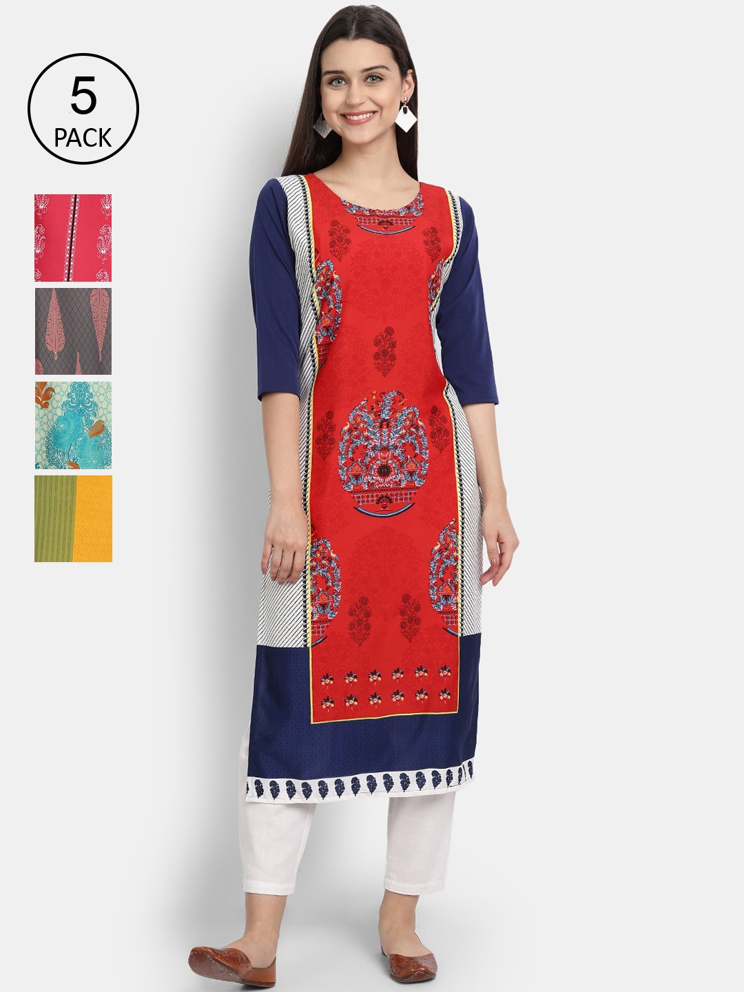 

7Threads Women Pack Of 5 Printed Crepe Kurtas, Red