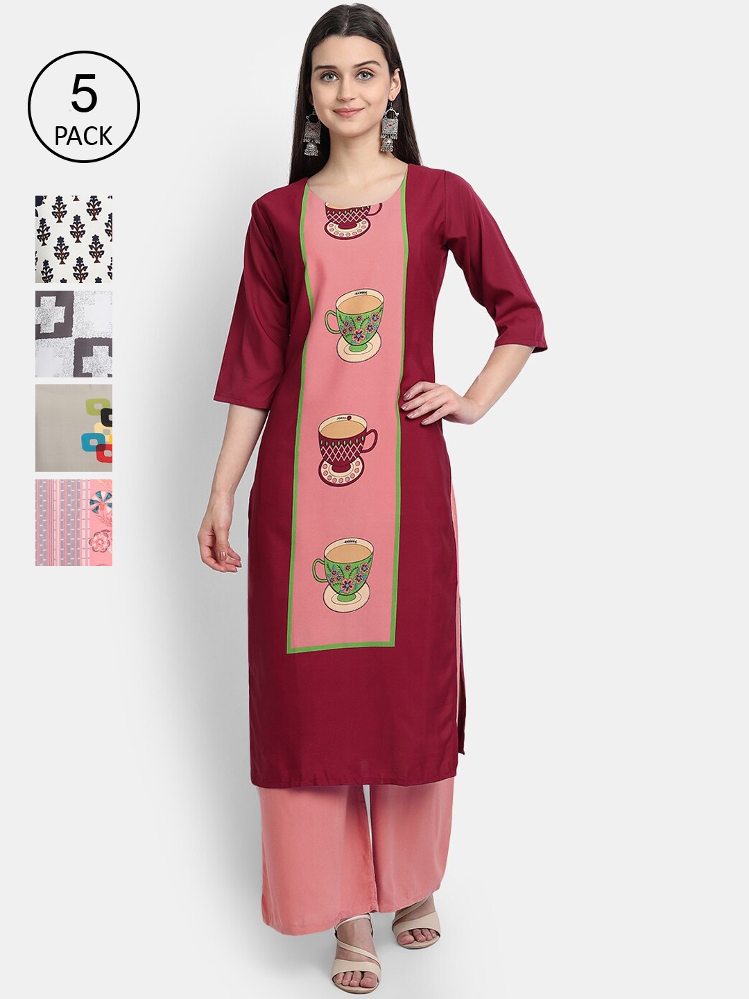 

7Threads Women Pack Of 5 Printed Crepe Kurtas, Maroon