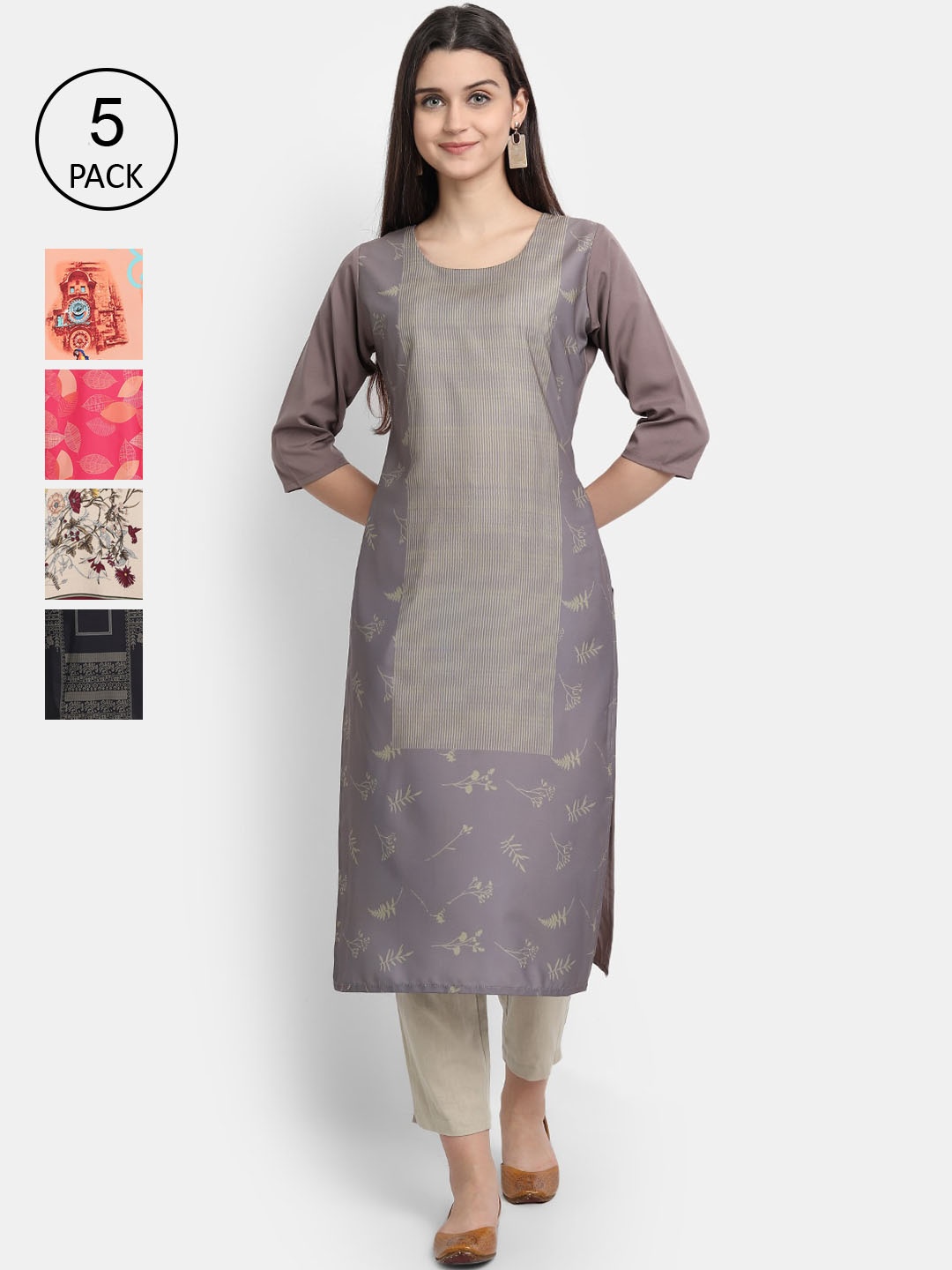 

7Threads Women Pack Of 5 Printed Crepe Kurtas, Grey