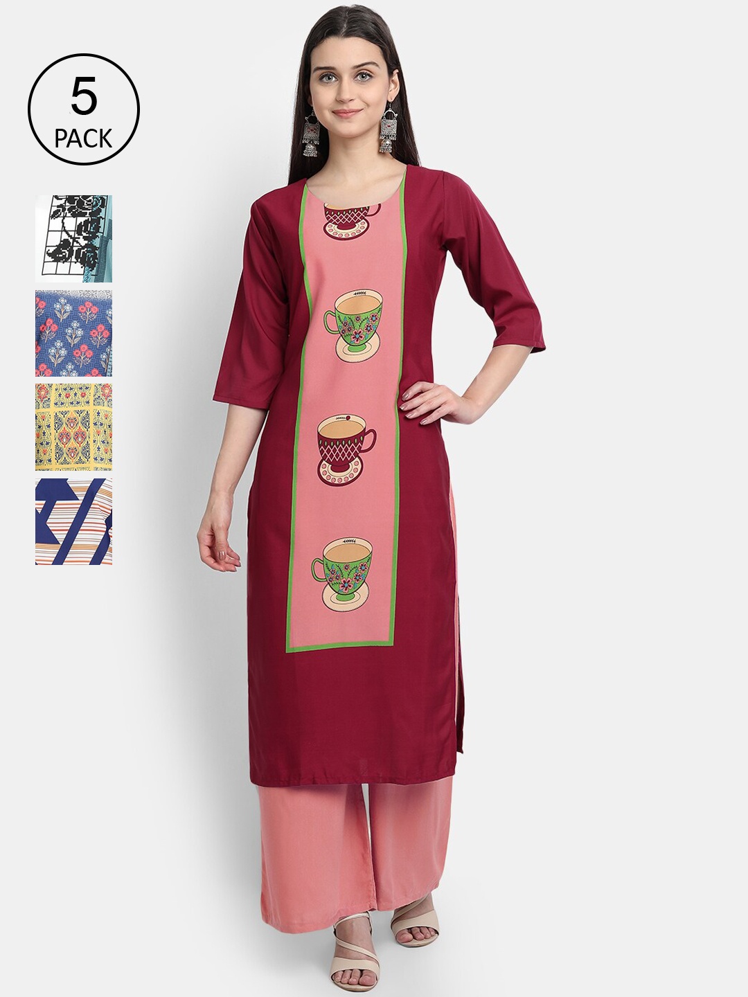 

7Threads Women Pack Of 5 Printed Crepe Kurtas, Maroon