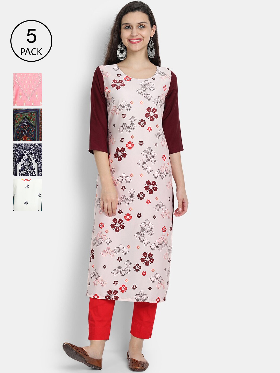 7Threads Women Pack Of 5 Printed Crepe Kurtas, Pink