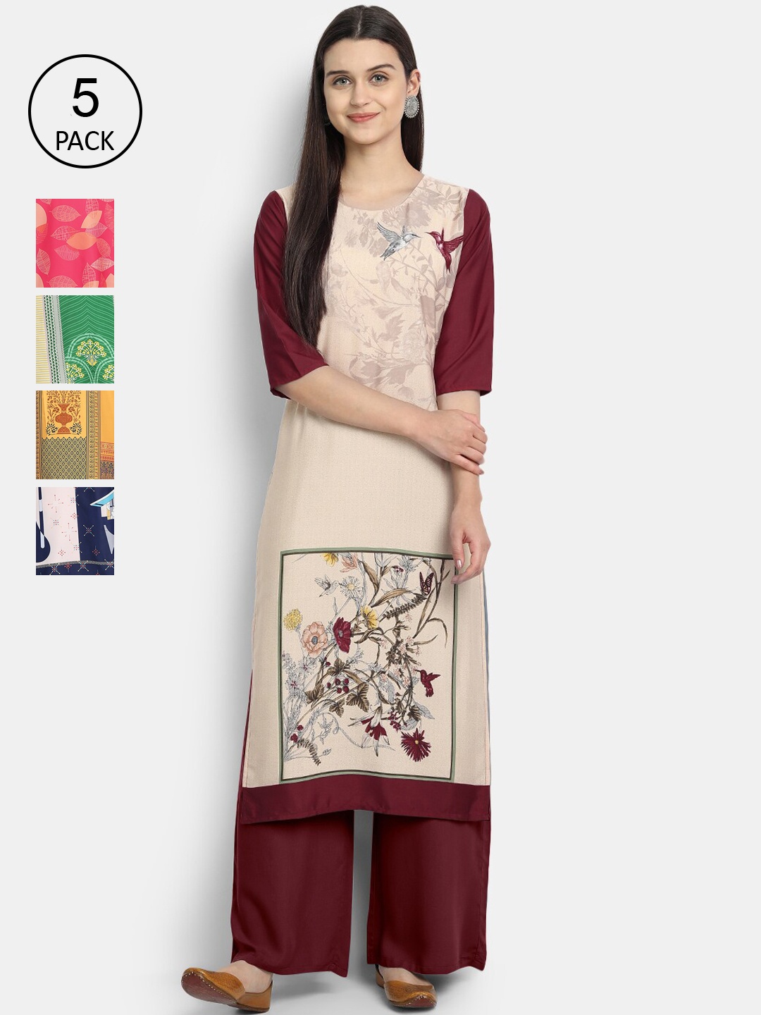 

7Threads Women Pack Of 5 Printed Crepe Kurtas, Cream