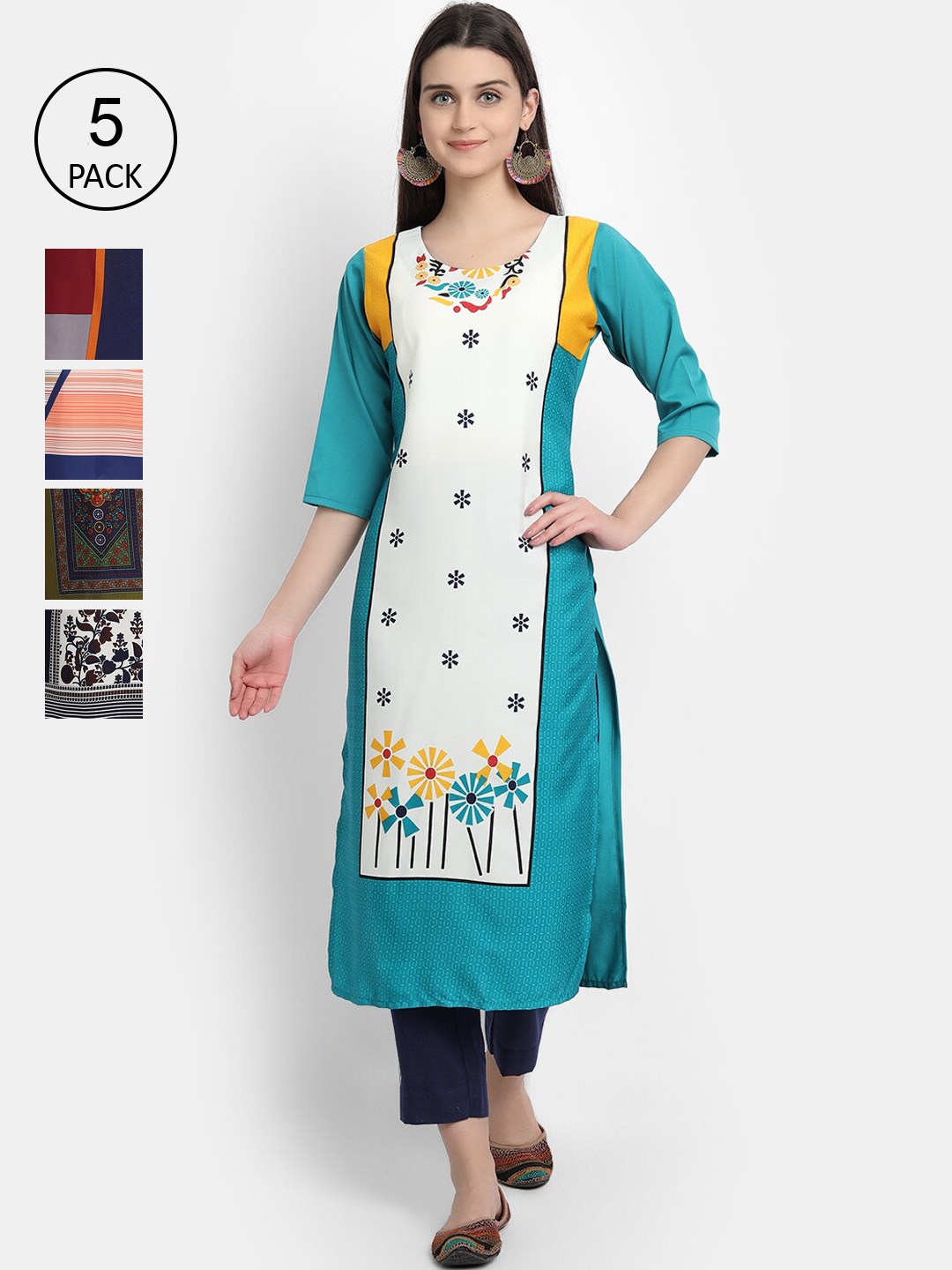

7Threads Women Pack Of 5 Printed Crepe Kurtas, White
