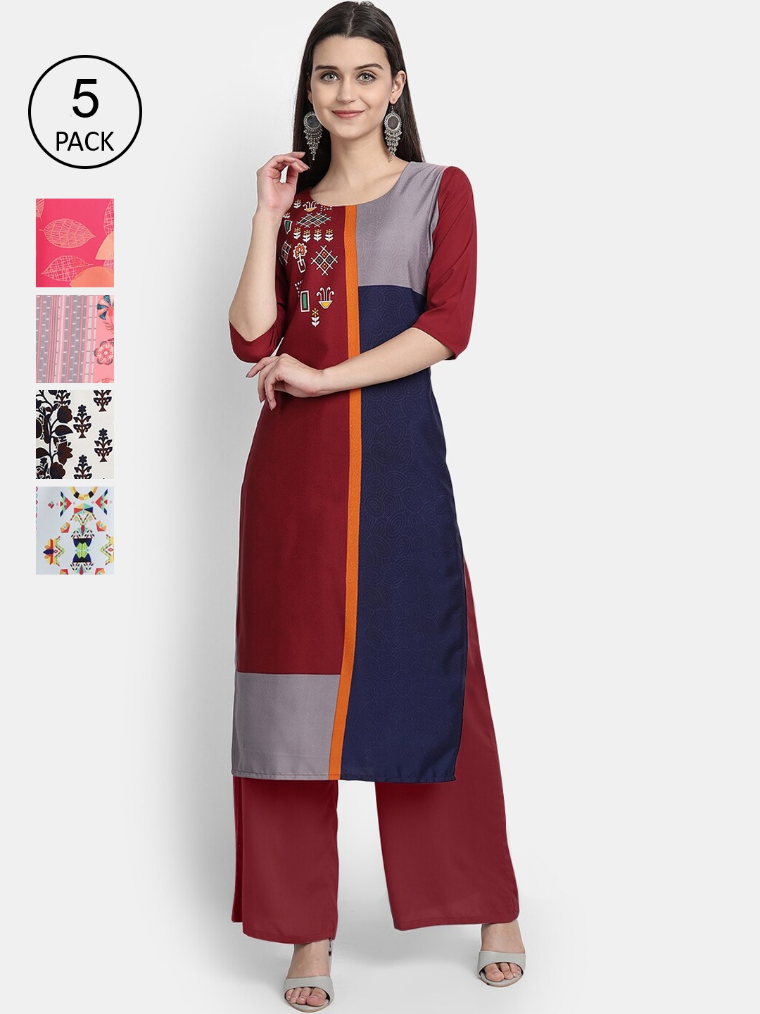 

7Threads Women Pack Of 5 Printed Crepe Kurtas, Maroon