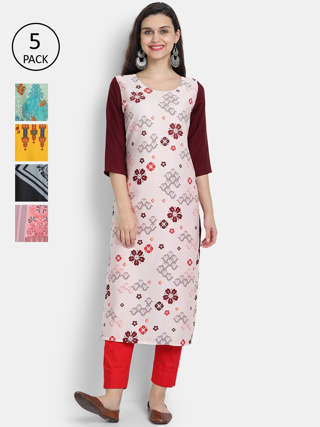 

7Threads Women Pack Of 5 Printed Crepe Kurtas, Pink