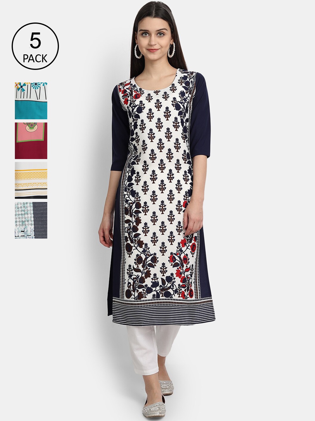 

7Threads Women Pack Of 5 Printed Crepe Kurtas, White