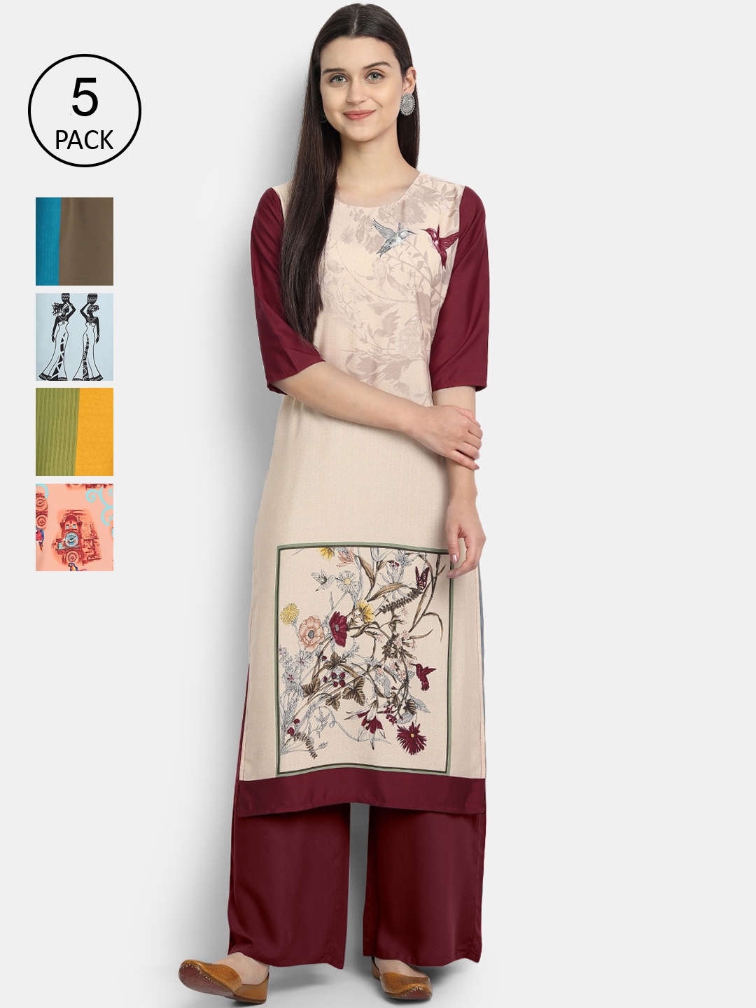 

7Threads Women Pack Of 5 Printed Crepe Kurtas, Cream