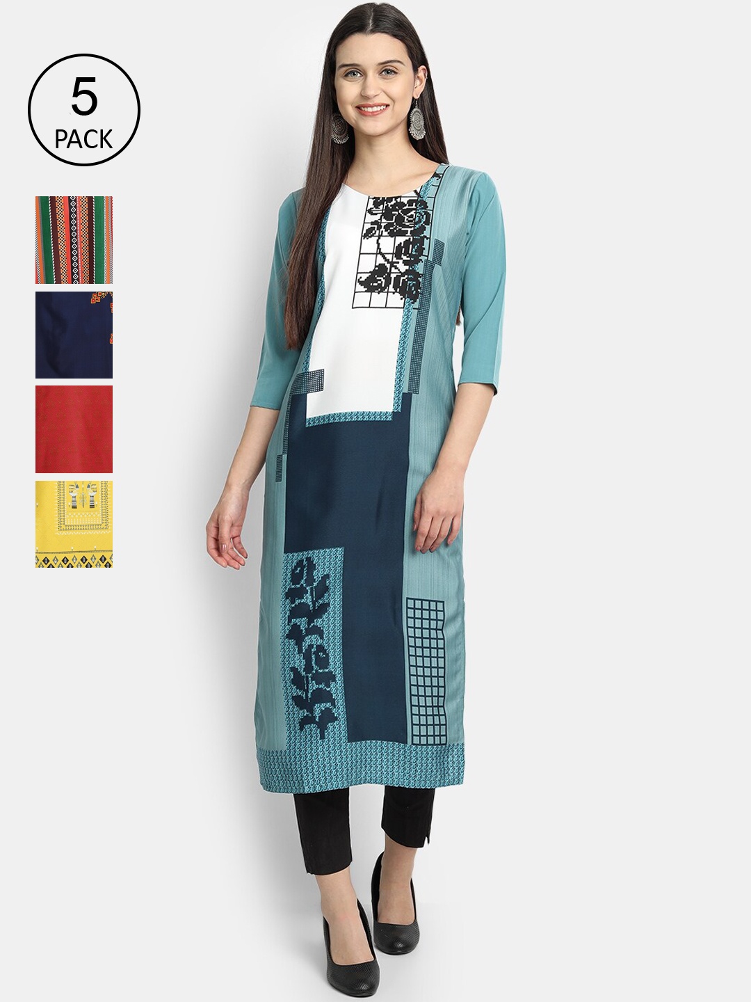 

7Threads Women Pack Of 5 Printed Crepe Kurtas, Green