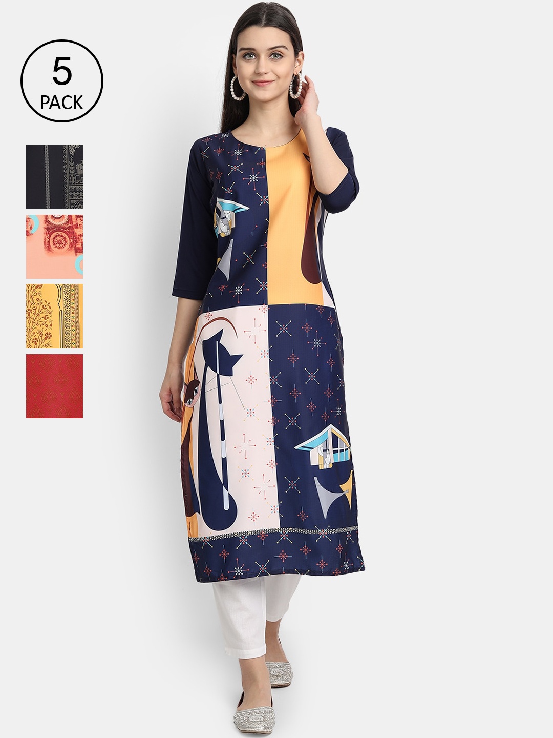 

7Threads Women Pack Of 5 Printed Crepe Kurtas, Navy blue