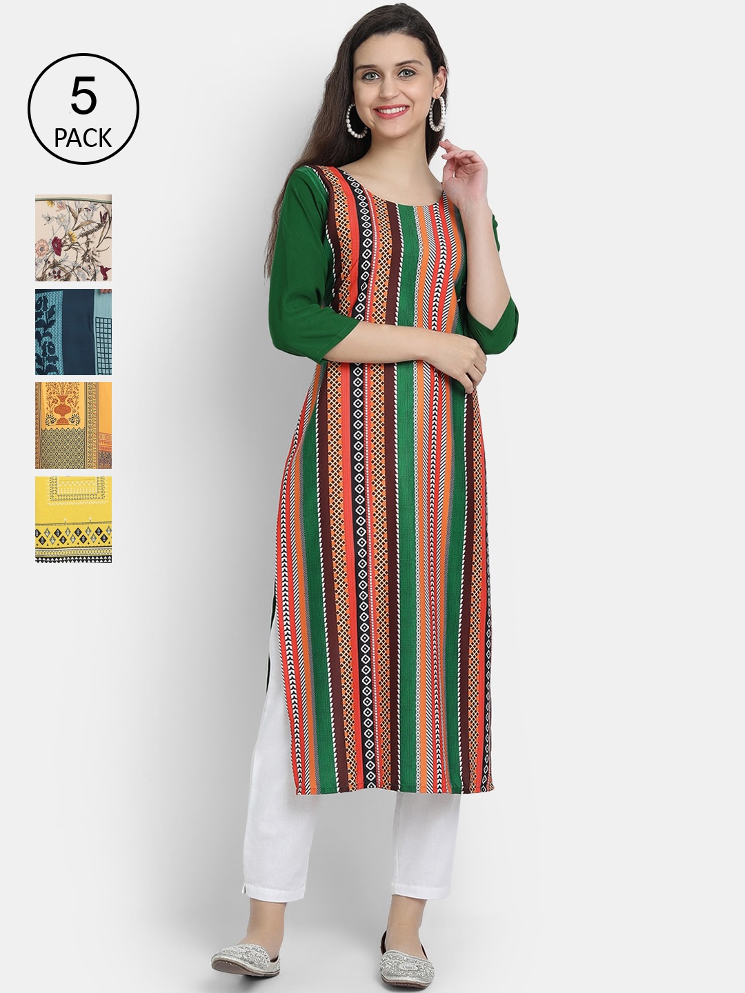 

7Threads Women Pack Of 5 Printed Crepe Kurtas, Green