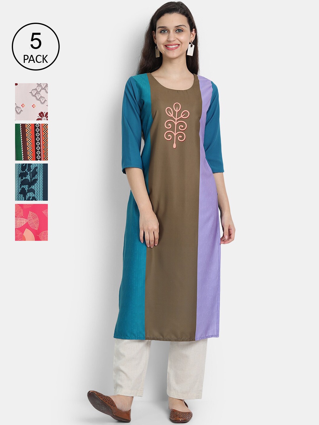 

7Threads Women Pack Of 5 Printed Crepe Kurtas, Brown